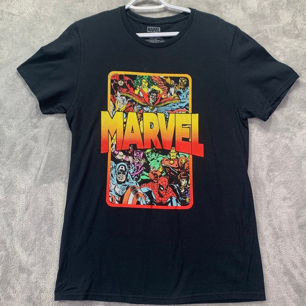 Marvel Comic Collage Graphic T Shirt Mens Medium Black Superhero Tee